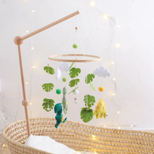 Baby Crib Mobile Bed Bell Wooden Rattles Toys Soft Felt Cartoon Dinosaur Forest Hanging Bed Bell Mobile Crib Bracket Baby Gifts