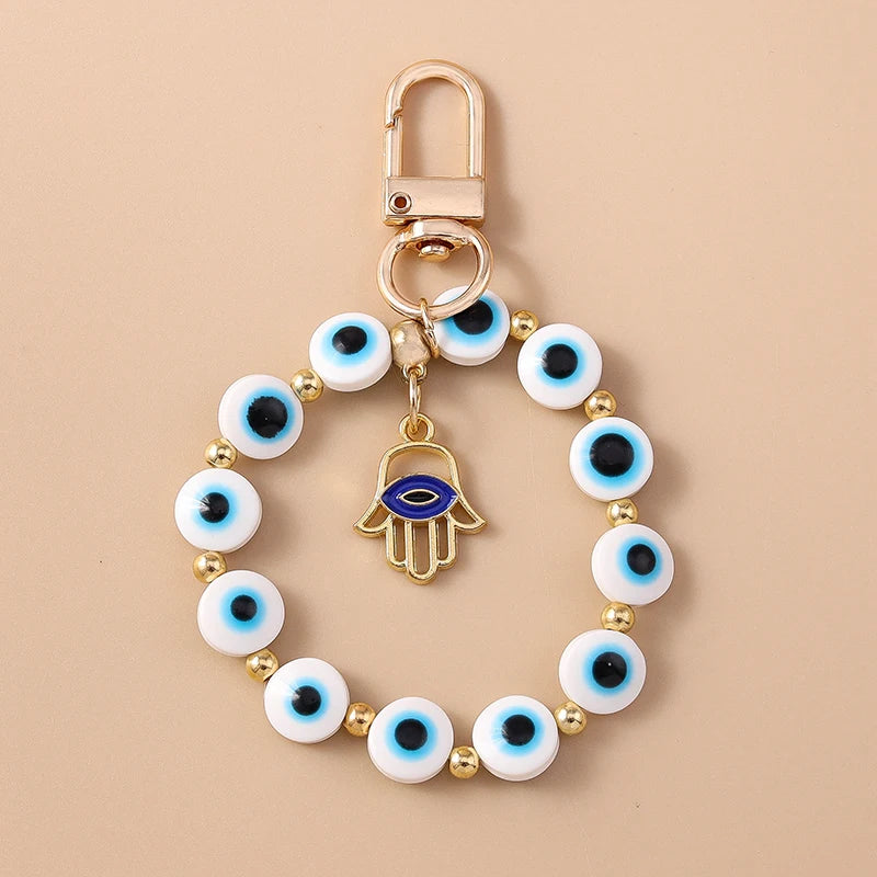 Aihua Colorful Round Evil Eyes Beaded Keychain For Couple Lover Boho Turkish Lucky Blue Eye Key Ring Bag Phone Lanyard