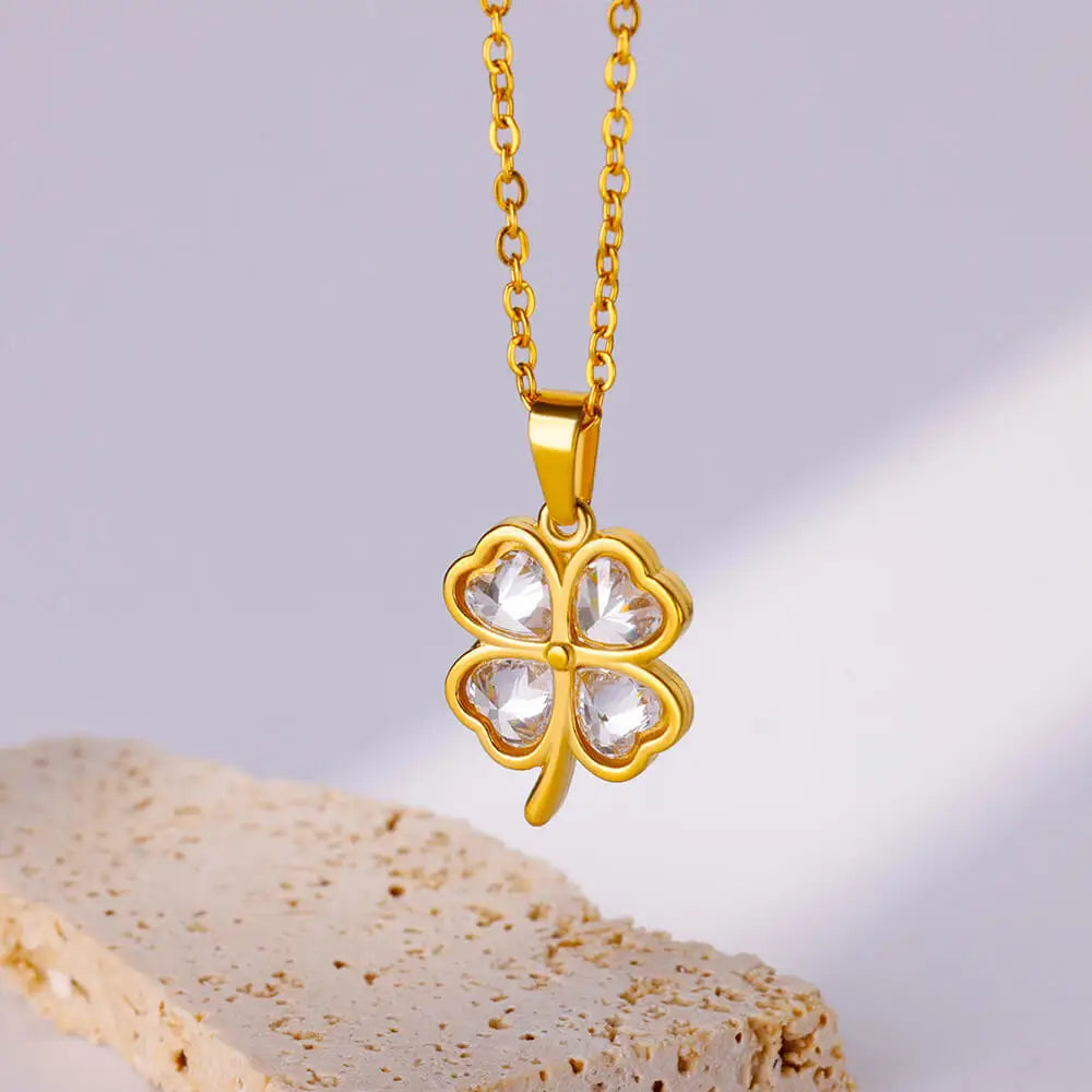 Hemasa White Zircon Four Leaf Clover Pendant Stainless Steel Necklaces For Women Aesthetic Chain Necklace Christmas Gift For Women
