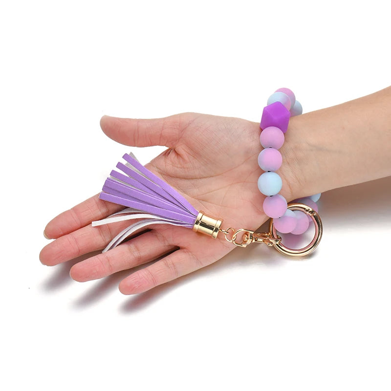 Silicone Beads Keychain Keyring For Women Wristlet Bracelet Tassels Pendant Keychain Jewelry Accessory glows in the dark