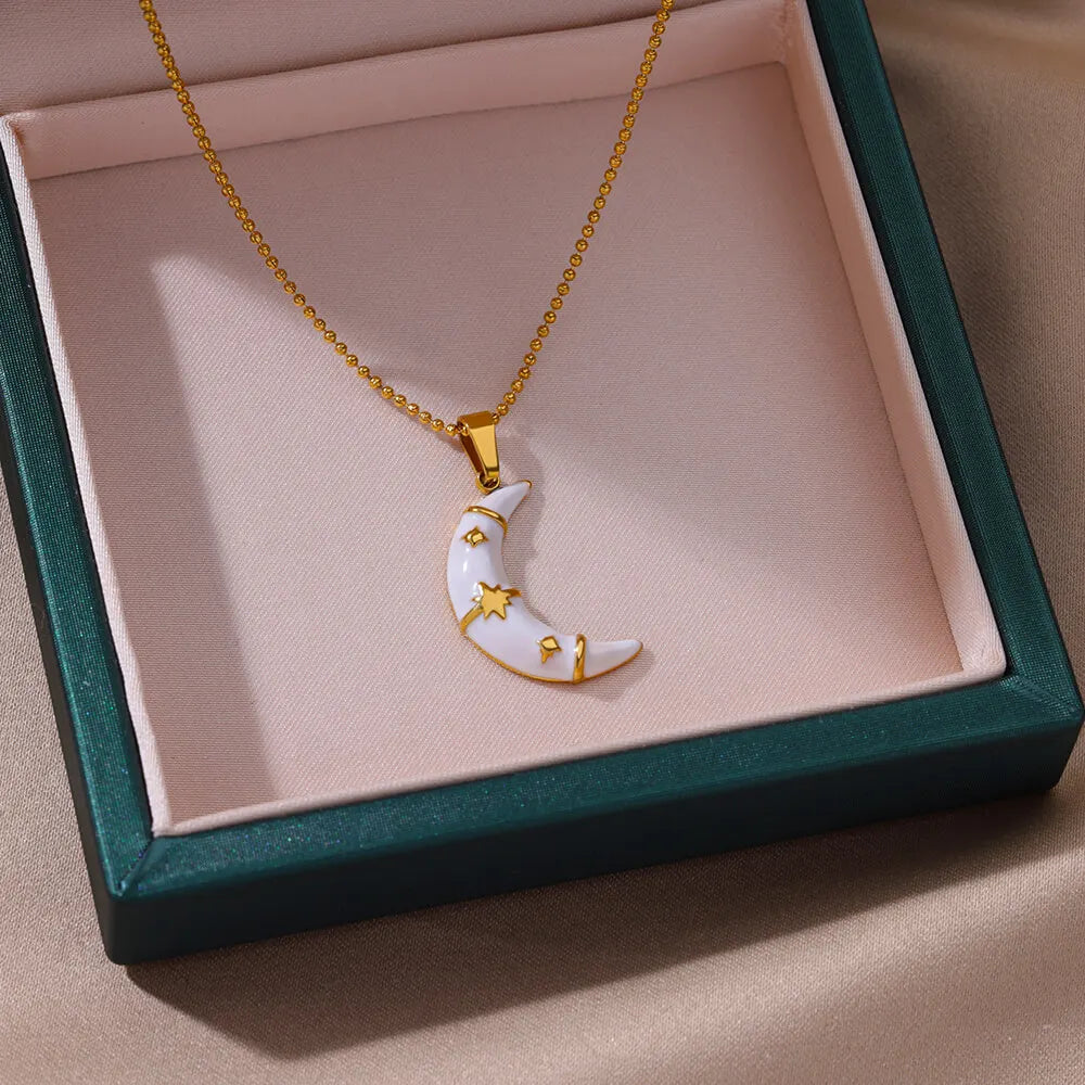 Hemasa White Moon Pendant Gold Color Stainless Steel Necklaces for Women Aesthetic Waterproof Jewelry Accessories Gift