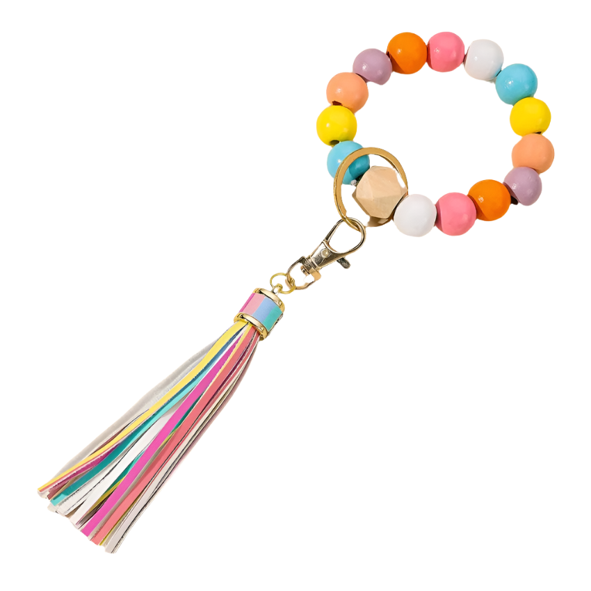 Hemasa Silicone Wooden Beads Wristlet Bracelet Keychain For Women Girl Keychain