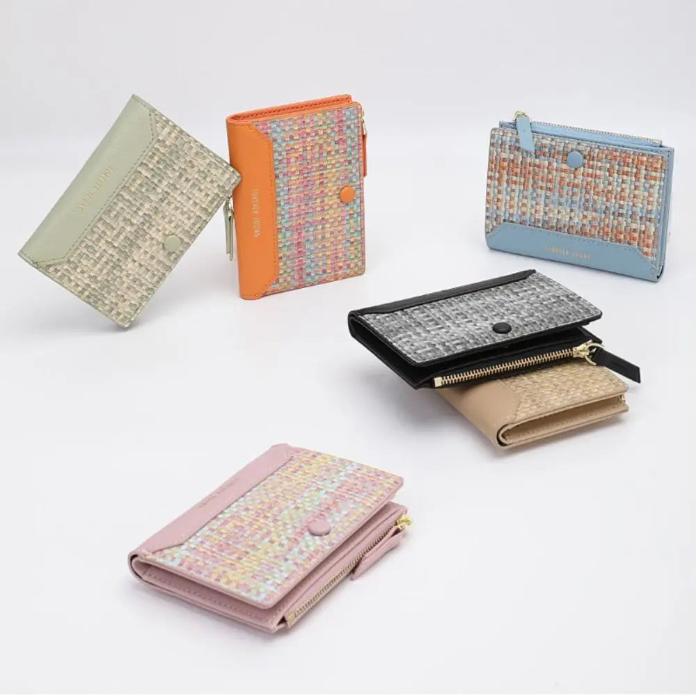 Small Short Wallet New Snap Button Pu Leather Coin Purse Woven Pattern Change Purse Female