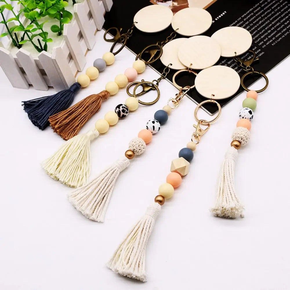Silicone Beads Key Chain Decorative Pendant Tassel Key Ring Delicate Wooden Pendant Charms for Women Car Key Pendant