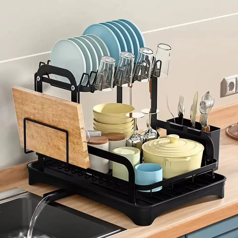 Hemasa 2 Tier Dish Bowl Drainer Storage Rack Kitchen Dish Drying Rack with Drain Basket