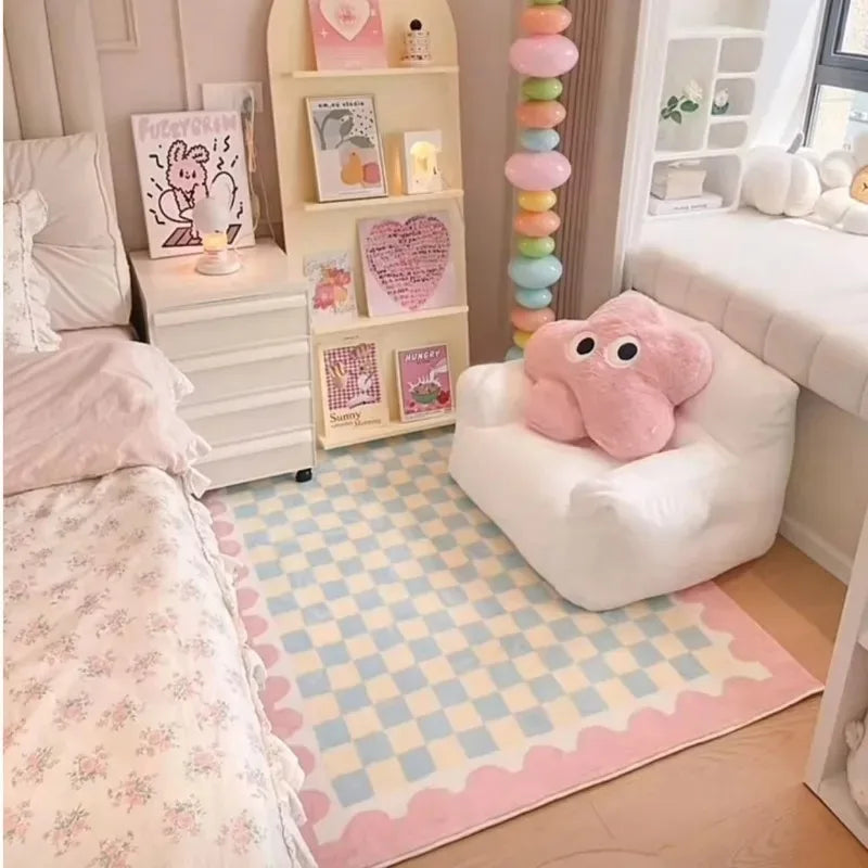 Tejesa Pink Blue Checkerboard Bedside Carpet Cute Dopamine Bedroom Rug Fashion Ins Advanced Light Luxury Soft Coffee Table Mat 러그 Tapis