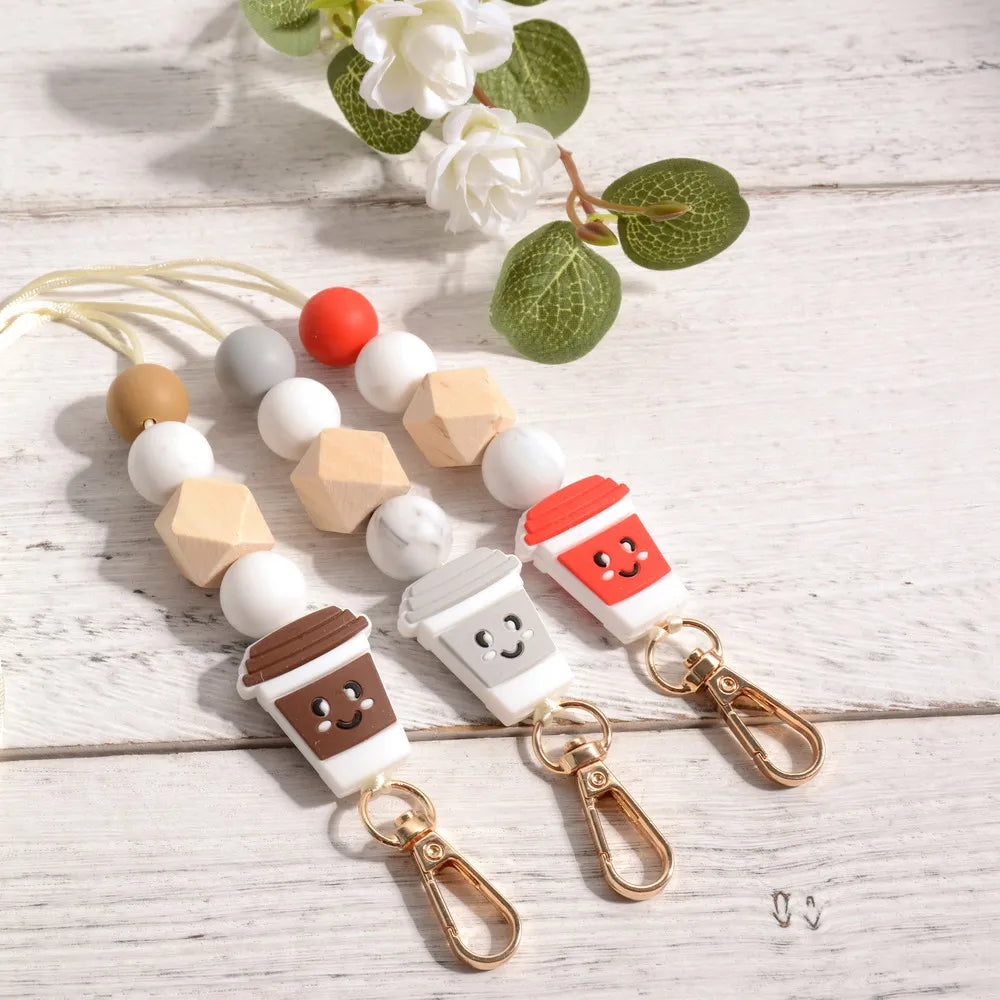 Hemasa Cute Teacher Coffee Lover Cup Tea Silicone Bead Lanyard Fueled By Charm Badge ID holder Handmade Keychain Lanyard Gift for her