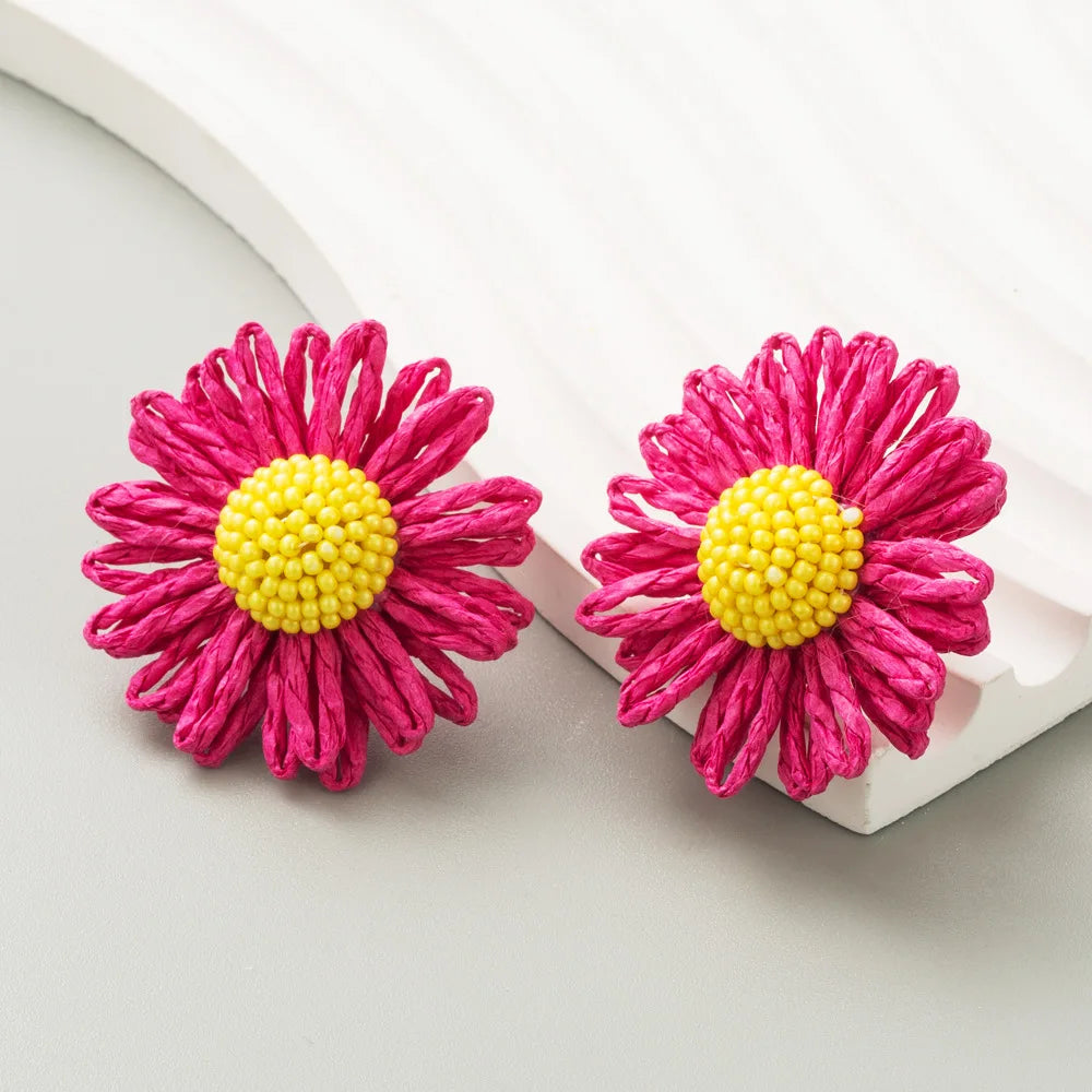 Metal Raffia Flowers Geometric Stud Earrings for Women New Simple Trend Design Jewelry Party Accessories