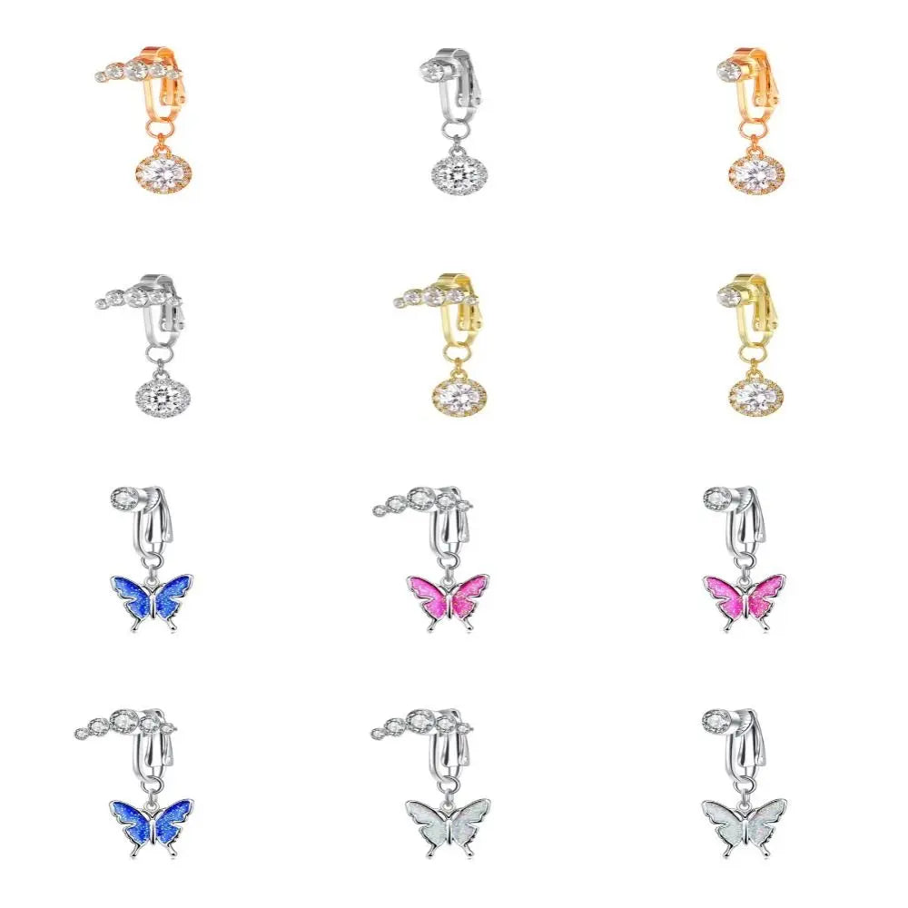 Rhinestone Zircon Fake Belly Piercing Clip Belly Ring Copper No Piercing Geometric Butterfly Female