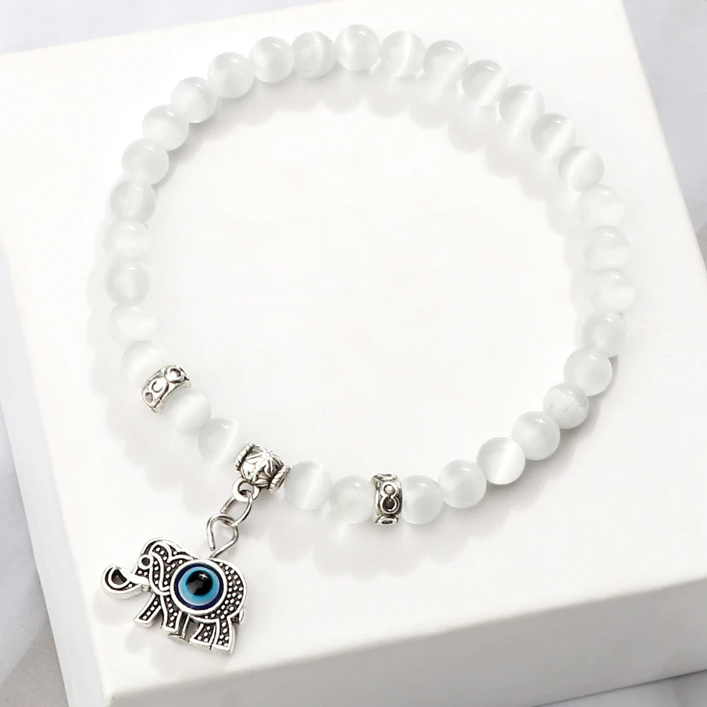 6 8mm Natural Cat Eye Stone Bracelet White Opal Beads Butterfly Hand Of Fatima Women Bracelets & Bangles Lucky Evil Eye Jewelry
