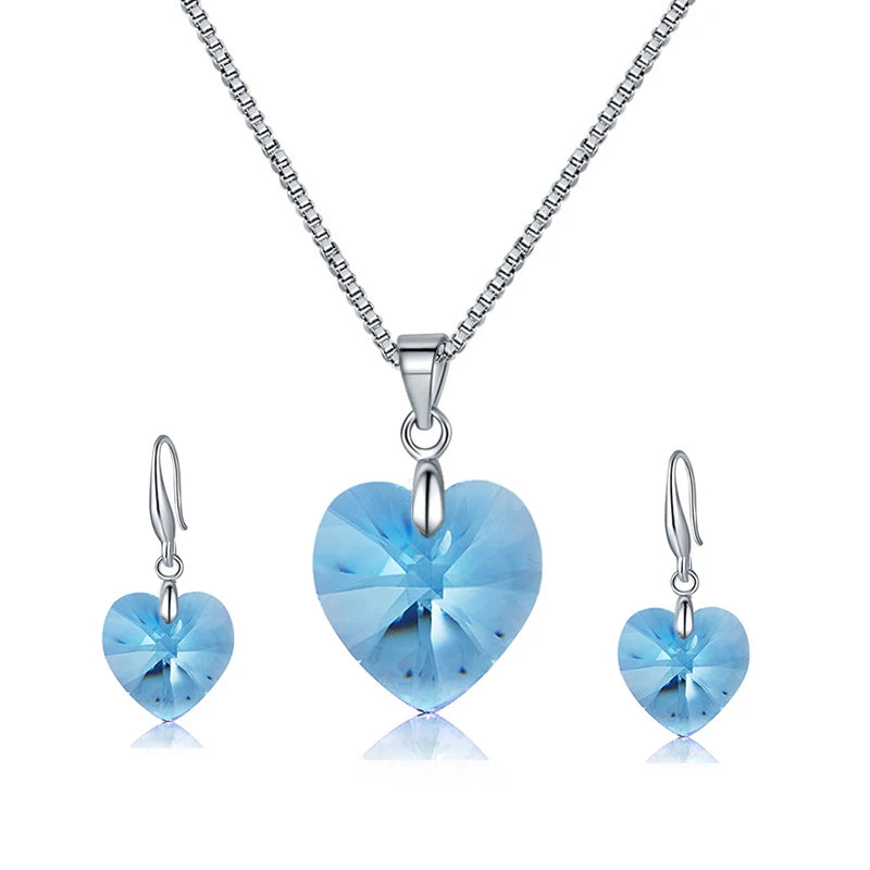 Romantic Heart Jewelry Sets Silver Color Crystals from Austria Pendant Necklace Drop Earrings for Women Wedding Anniversary