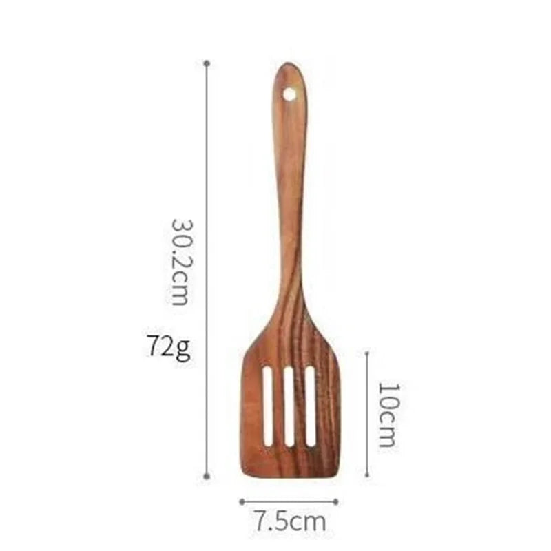 Hemasa 4Pcs Teak Natural Wood Tableware Spoon Ladle Turner Long Rice Colander Soup Skimmer Cooking Spoons