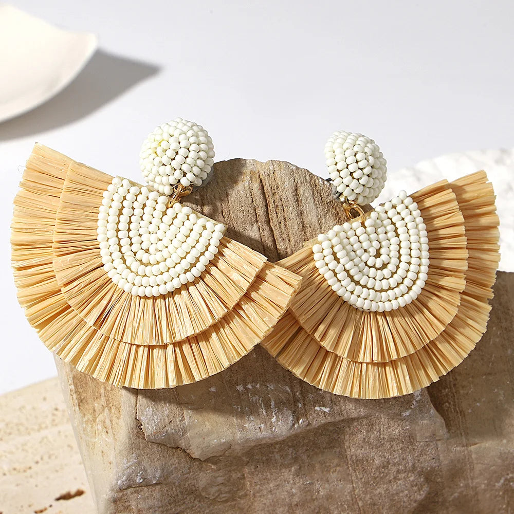 AENSOA Handmade Seed Beaded Raffia Fan Drop Earrings for Women Bohemian Rattan Knit Large Earrings Summer Holiday Jewelry Gifts
