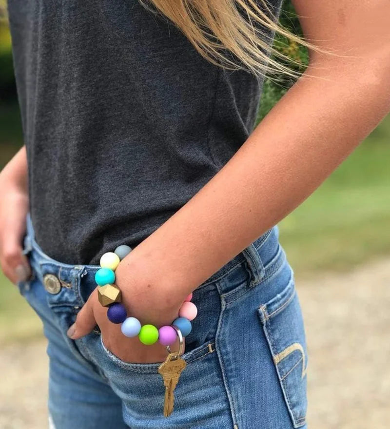 Silicone Key Ring Bracelet Beaded Wrislet Keychain Portable House Car Keys Ring