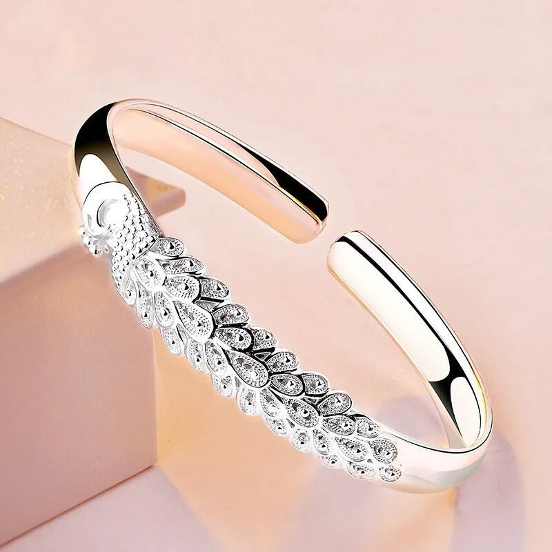 New 925 Sterling Silver Elegant Peacock Opening Screen Bracelet Bangles For Women Fashion Party Wedding Accessories Jewelry Gift