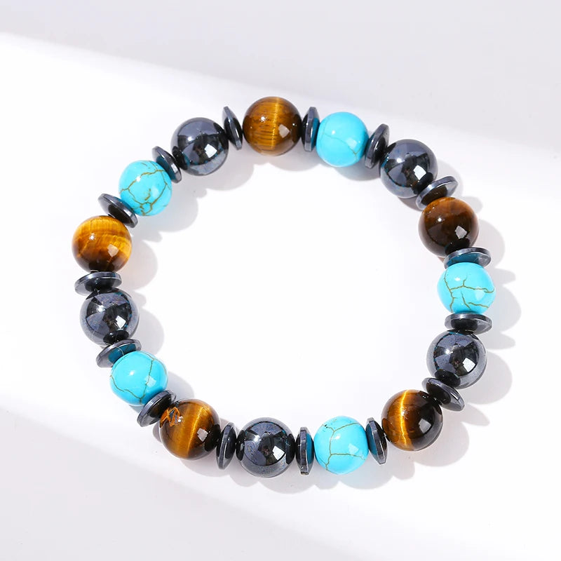JD Natural Stone Yellow Tiger Eye Black Hematite Stone Turquoise Mixed Design Strand Bracelet Women Men Reiki Energy Party Gift