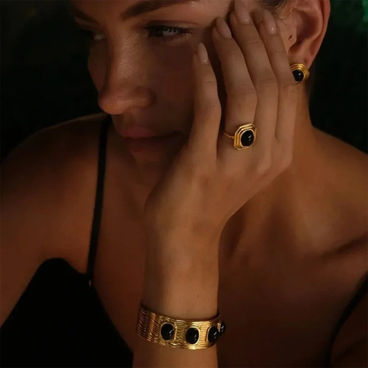 Jewelryposter Wide Stripe Four Black Onyx Stones Inlaid Opening Bangle Bracelet Stylish Stainless Steel Rust Proof Metal Jewelry