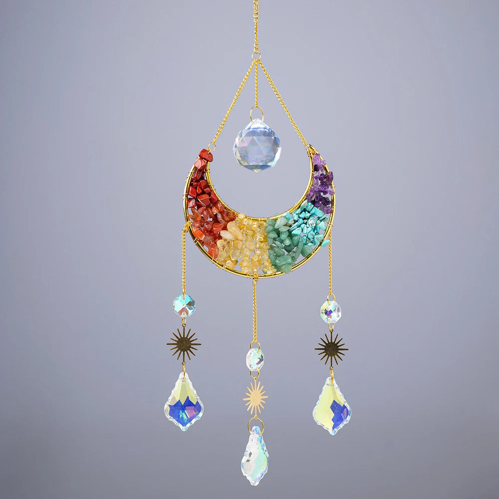 Natural Crystal Gravel Stone Moon Sun Catcher Star Rainbow Window Garden Decoration Reiki Healing Gemstones Windchime Wall Decor