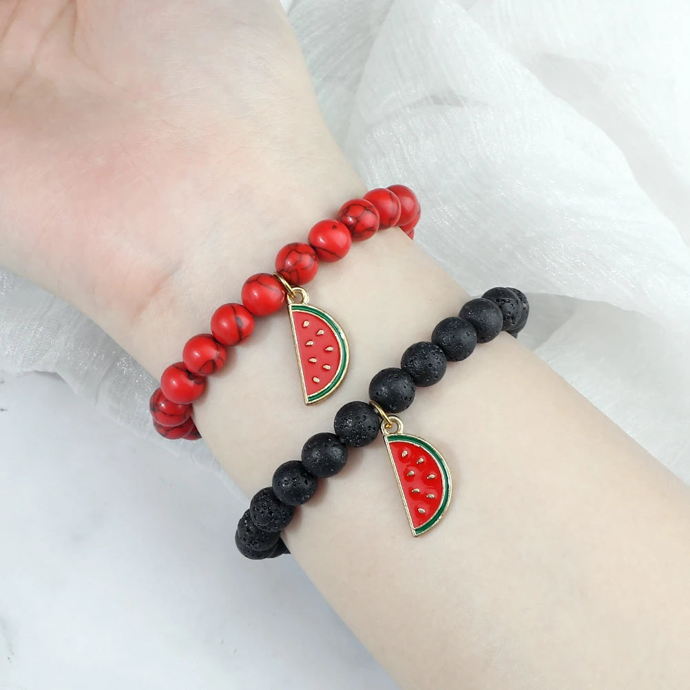 Trendy Watermelon Couple Beaded Bracelet Natural 8mm Lava Stone Agate Fruit Bangle For Women Men Healing Elastic Pulsera Jewelry