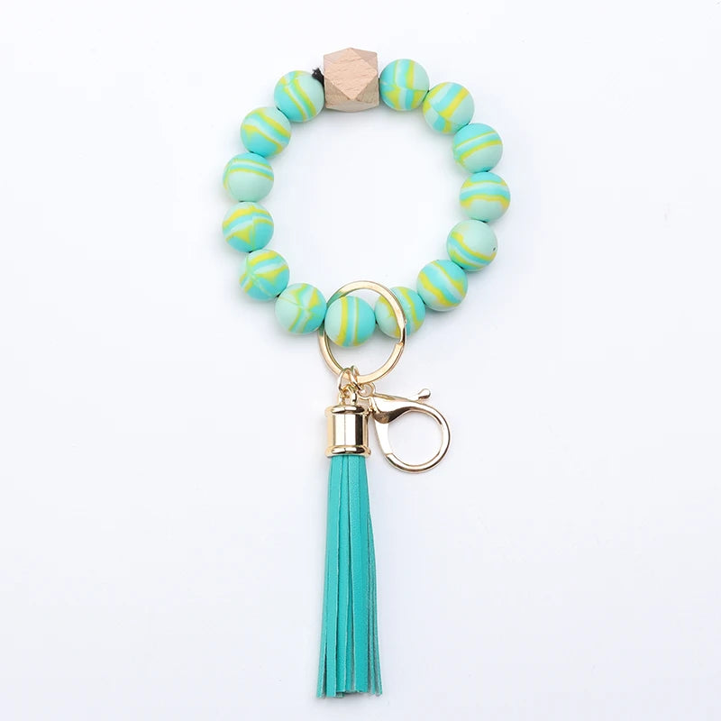 Hemasa Silicone Bead Bracelet Tassel Keychain Colorful Stripes Bead Bag Key Pendant Gifts