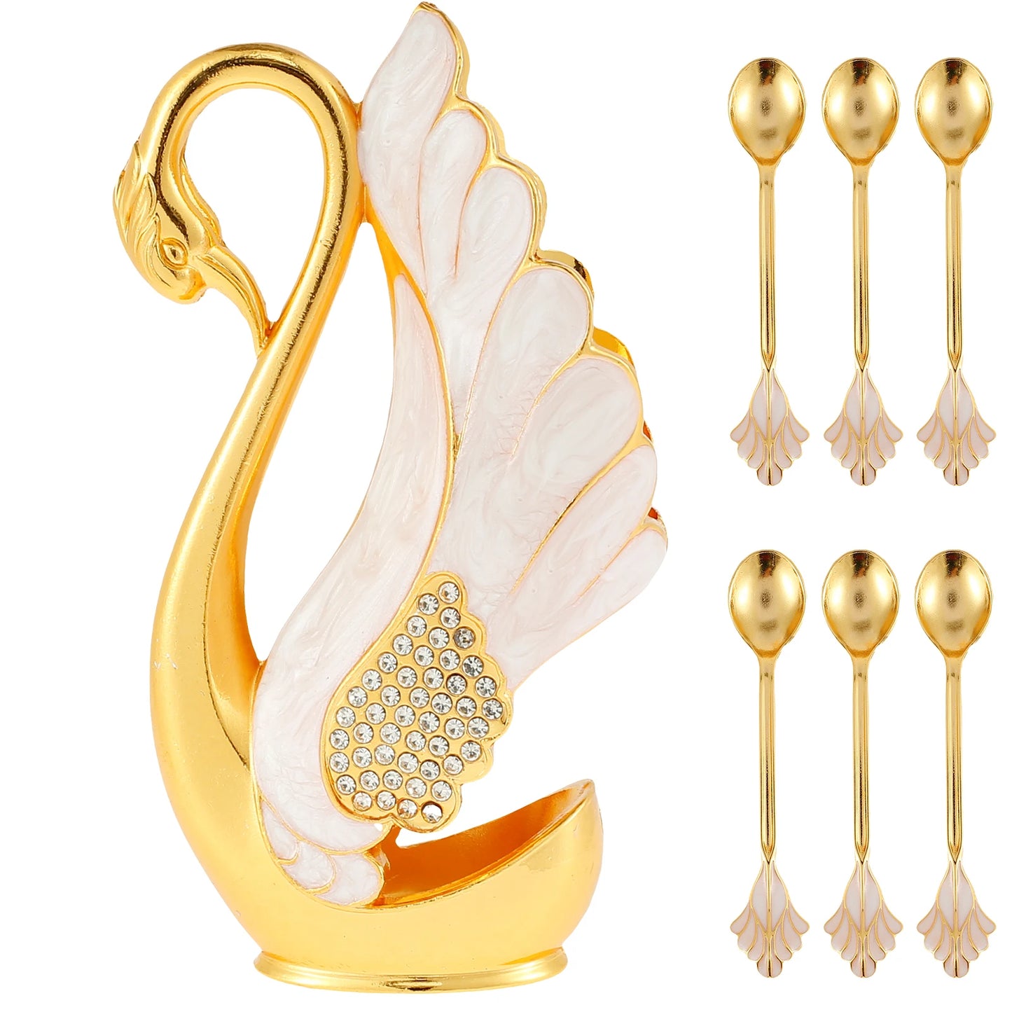 6Pcs Zinc Alloy Teaspoon For Dessert Ice Cream Stirring Coffee Small Spoons with Swan Base Holder Mini Gold Spoon Kitchen Gadget