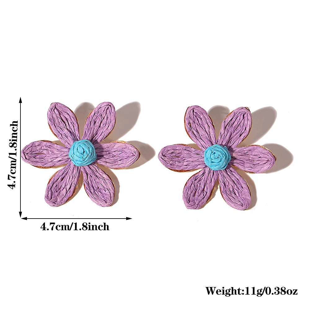 AENSOA Handmade Colorful Raffia Flower Stud Earrings for Women Bohemia Rattan Knit Floral Earrings Summer Beach Jewelry