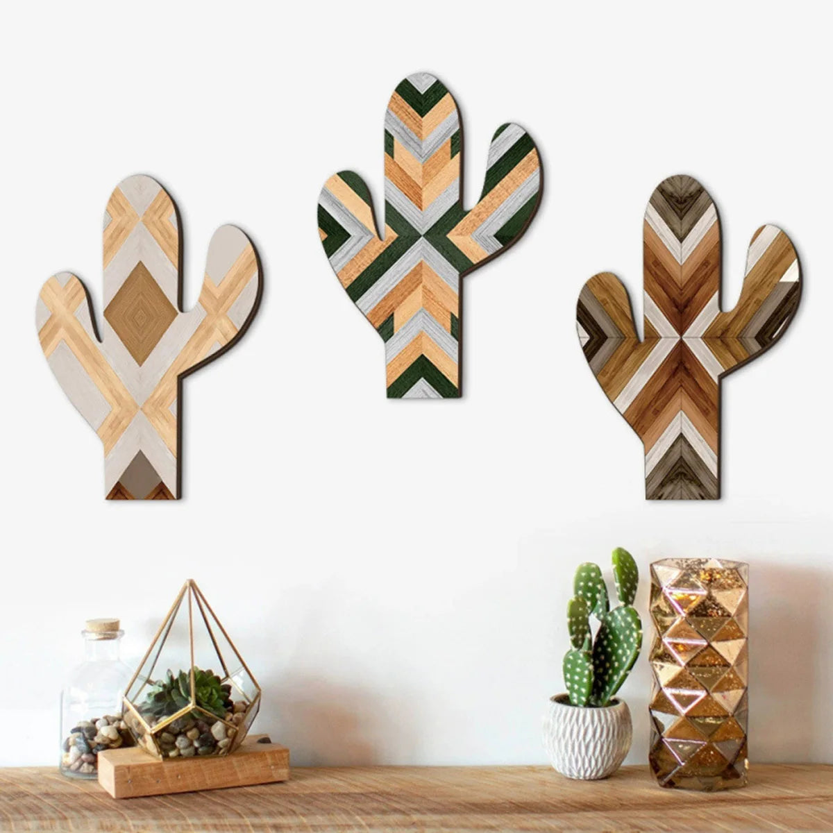 Hemasa 3Pcs Wooden Wall Decor Bohemian Style Cactus Decor, Rustic Flower Patterns Wood Home Decor Western Decor