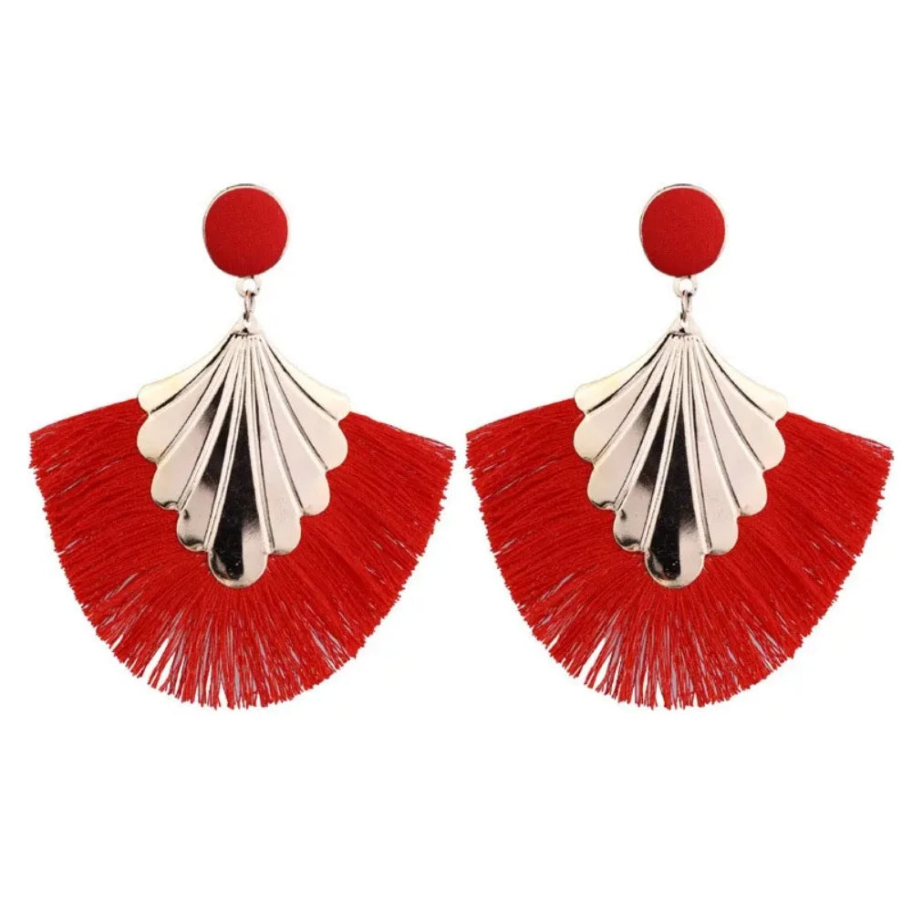 SUMENG 2024 New Bohemia Fan Shaped Tassel Earrings For Women Exaggerated Big Statement Fringed Fashion Dangle