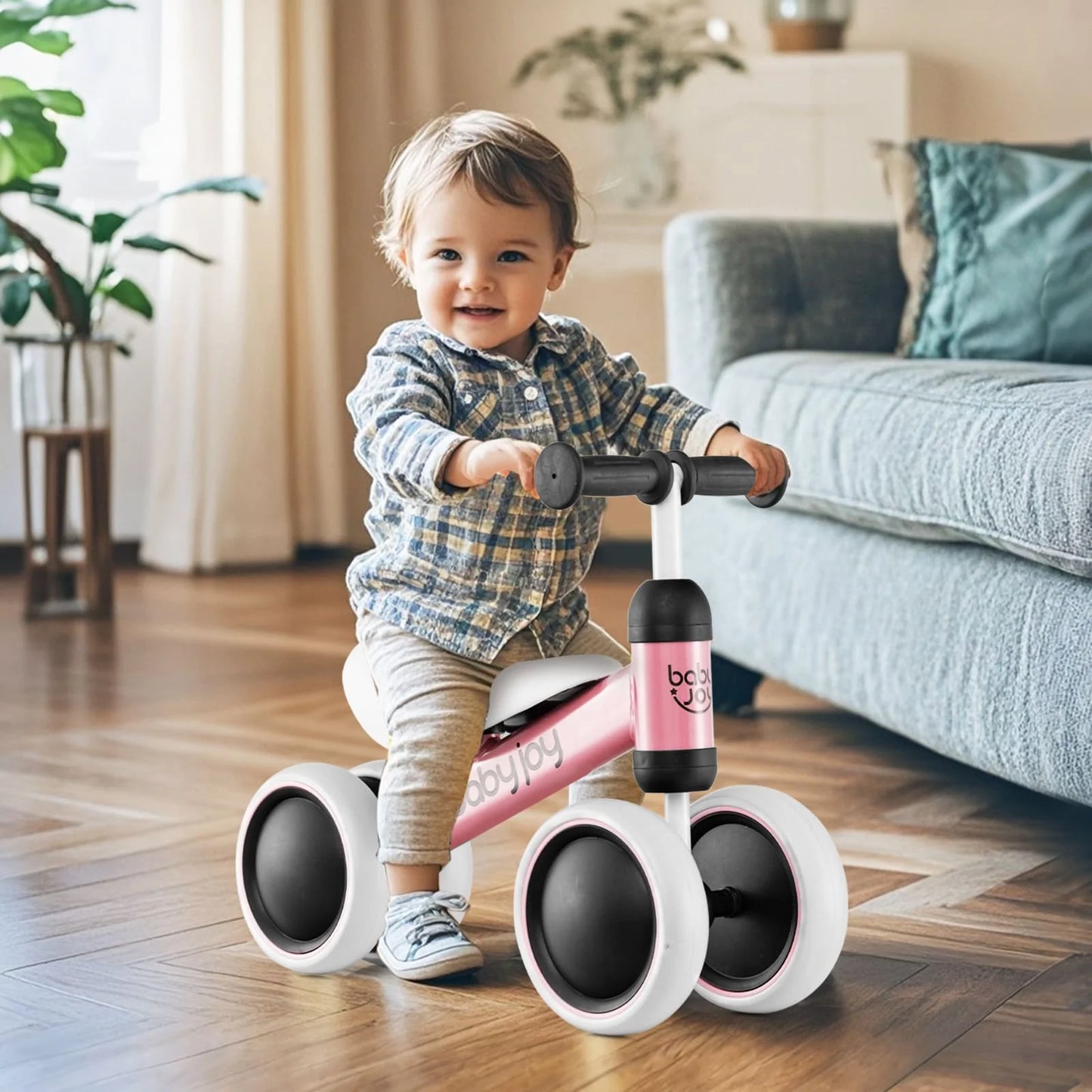 Baby Balance Bike No Pedal Infant 4 Wheels Bicycle-Pink