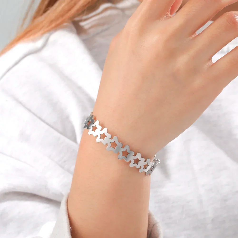 Skyrim Fashion Hollow Star Adjustable Bangles for Women Stainless Steel Cuff Bracelet Party Wedding Jewelry Gifts Wholesale