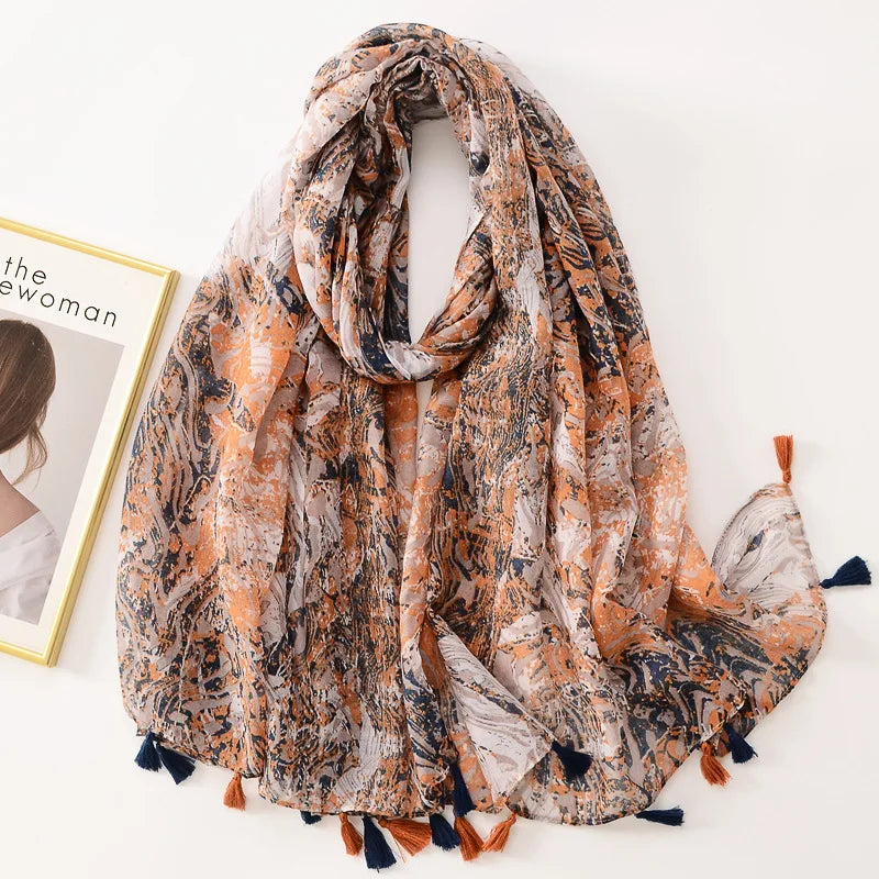 Elegant Woman Shawl Fashion Design Tassel Cotton Scarf Muslim Hijab Scarfs Floral Print Ladies Scarves For Beach Party Bandana