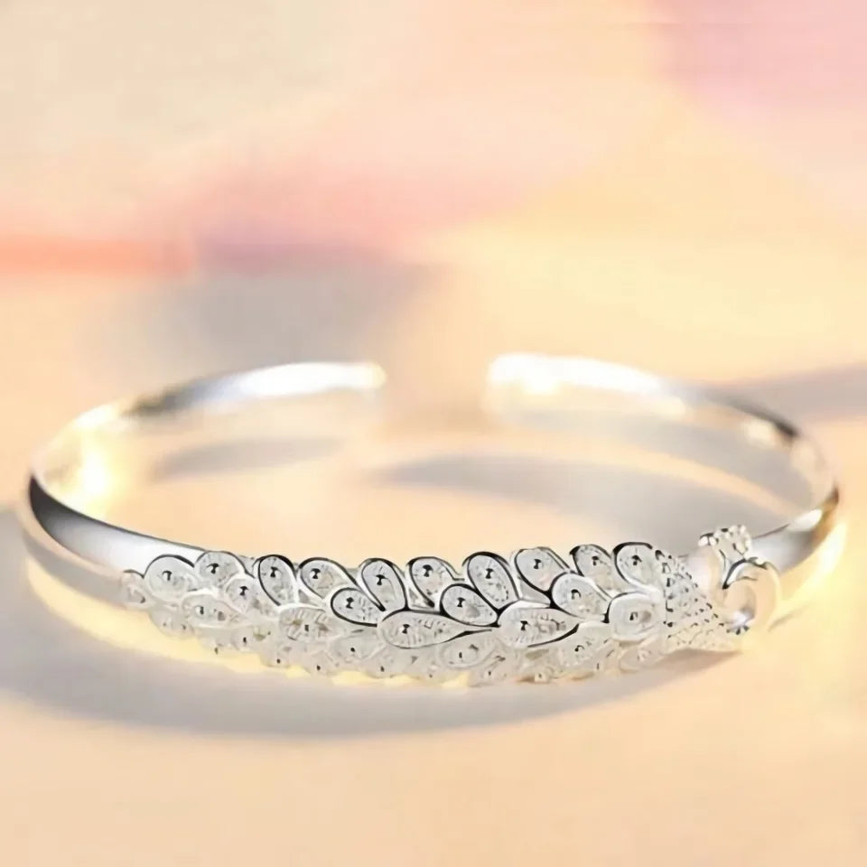 New 925 Sterling Silver Elegant Peacock Opening Screen Bracelet Bangles For Women Fashion Party Wedding Accessories Jewelry Gift