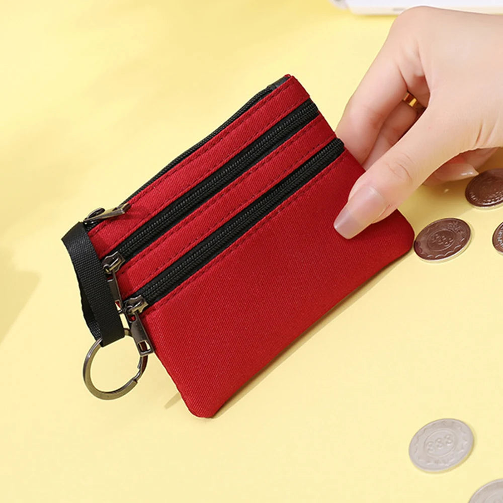 Mini Solid Coin Purse Canvas Hanging Bag Wallet 3 Zippers Coin Pouch Bag Women Girls Card Holder Short Wallet Fashion Potable