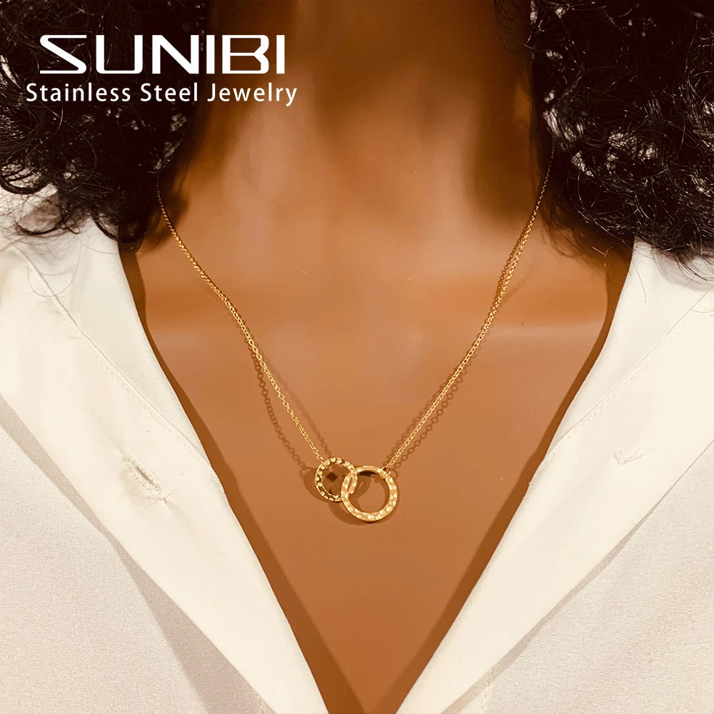 Stainless Steel Necklaces for Women Fashion Thin Chain Minimalist Dainty Double Circle Pendant Necklace on The Neck Jewelry