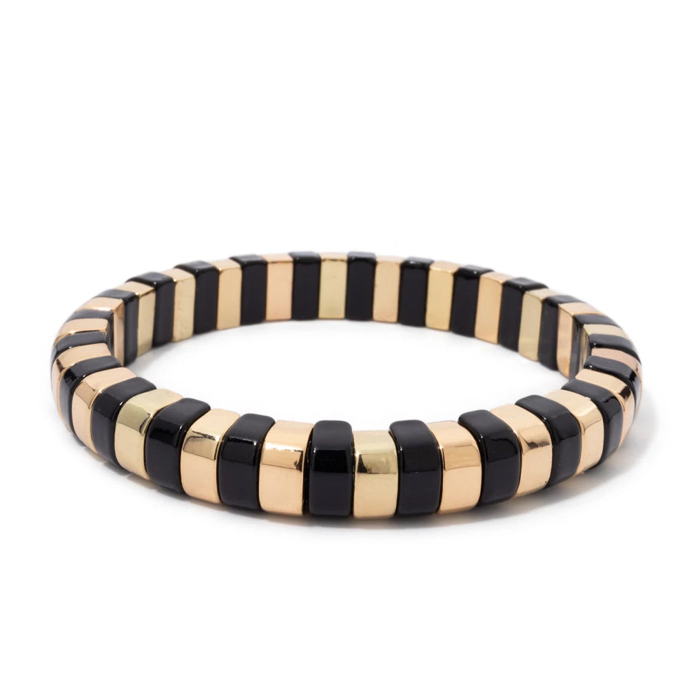 Tejesa Black Theme Enamel Beaded Elastic Bangle Bracelet For Women