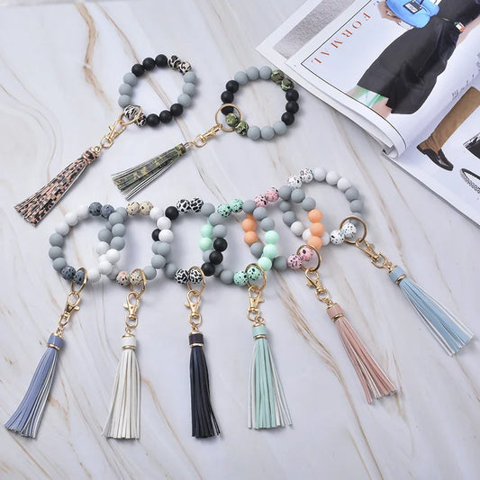 Key Ring Bracelet Car Keychain Holder Wristlet Silicone Women Beaded Bangle Chains Acrylic Link Chain Leather Tassel Wholesale