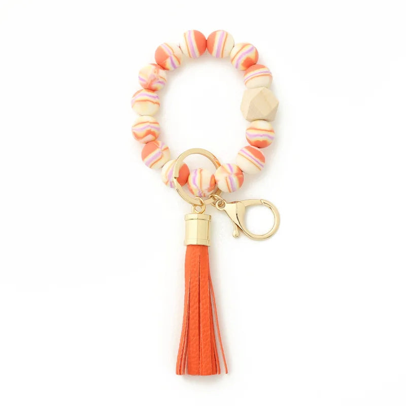 Silicone Keychain For Keys Tassel Wood Beads Bracelet Keyring For Women Accessories Multicolor Keychain Wholesale Hot Sale 2022