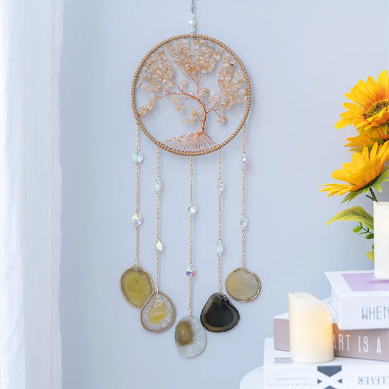 Natural Gems Stone Tree of Life Amethyst Healing Home Decor Crystals Citrine Agate Suncatcher Wall Hanging Ornaments for Room