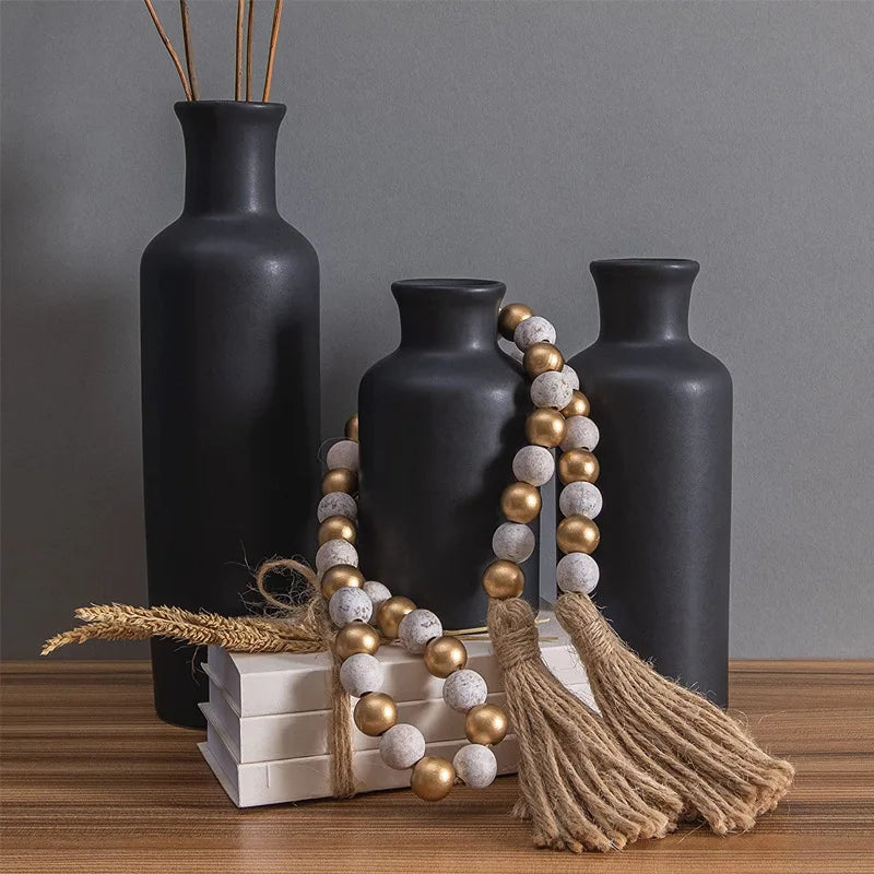 Hemasa Wooden Handmade  Natural Wood Bead Garlands Macrame home decor Farmhouse Rustic Tassel Decoration Wall Hangin