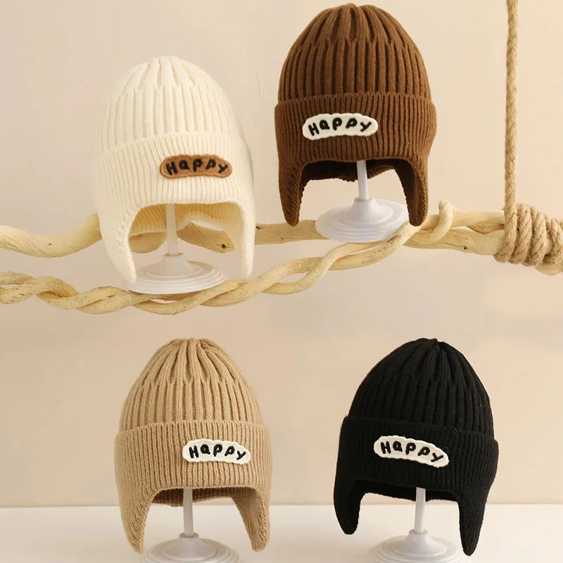 New Letter Happy Baby Hat for Girls Boys Autumn Winter Knit Beanies Hat Outdoor Warm Toddler Cap Infant Head Cover Earflap Cap