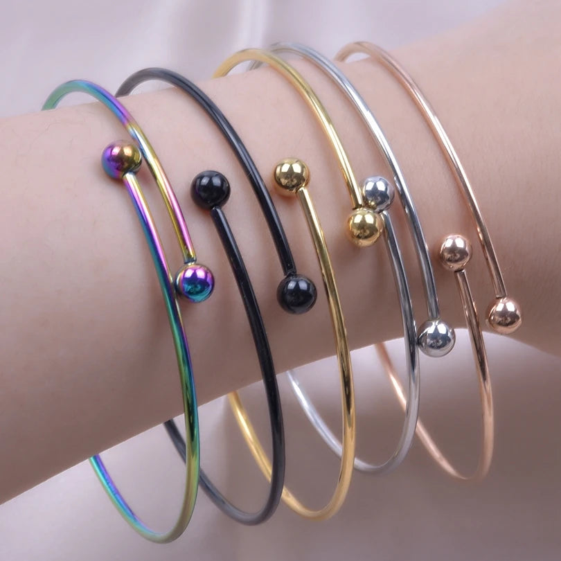 Minimalist Fashion Smooth Beads Open Adjustable Bangle Stainless Steel Bracelet For Women Femme Handmade Jewelry Gifts Supplies