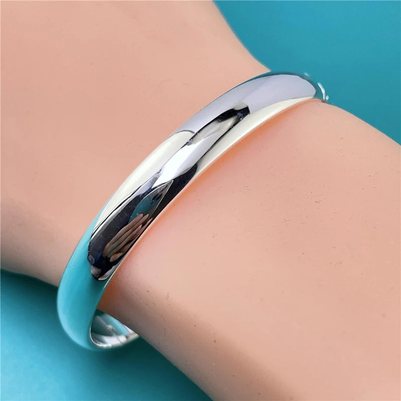 New 925 Sterling Silver Openable Glossy Solid Bracelet Bangle Simple Round Bangle For Women Wedding Engagement Party Birthday Gi