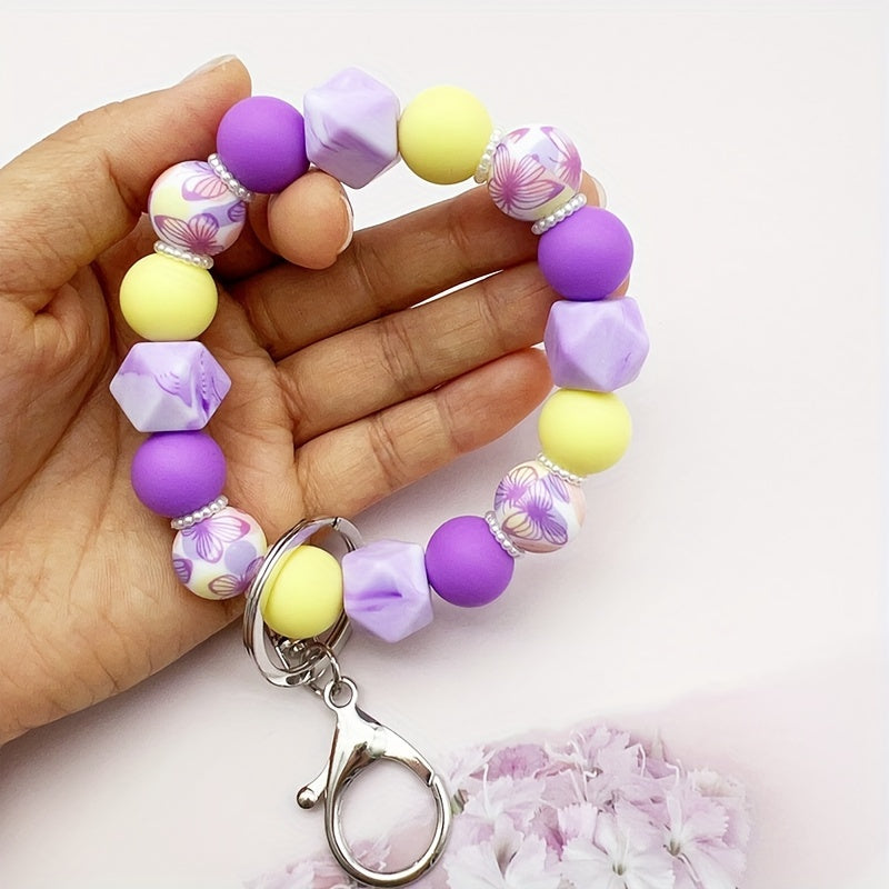 Pastel Beaded Keychain, Shell & Butterfly Pattern, Silicone & Pearl Beads, Car Key Bag Accessory, For Friends