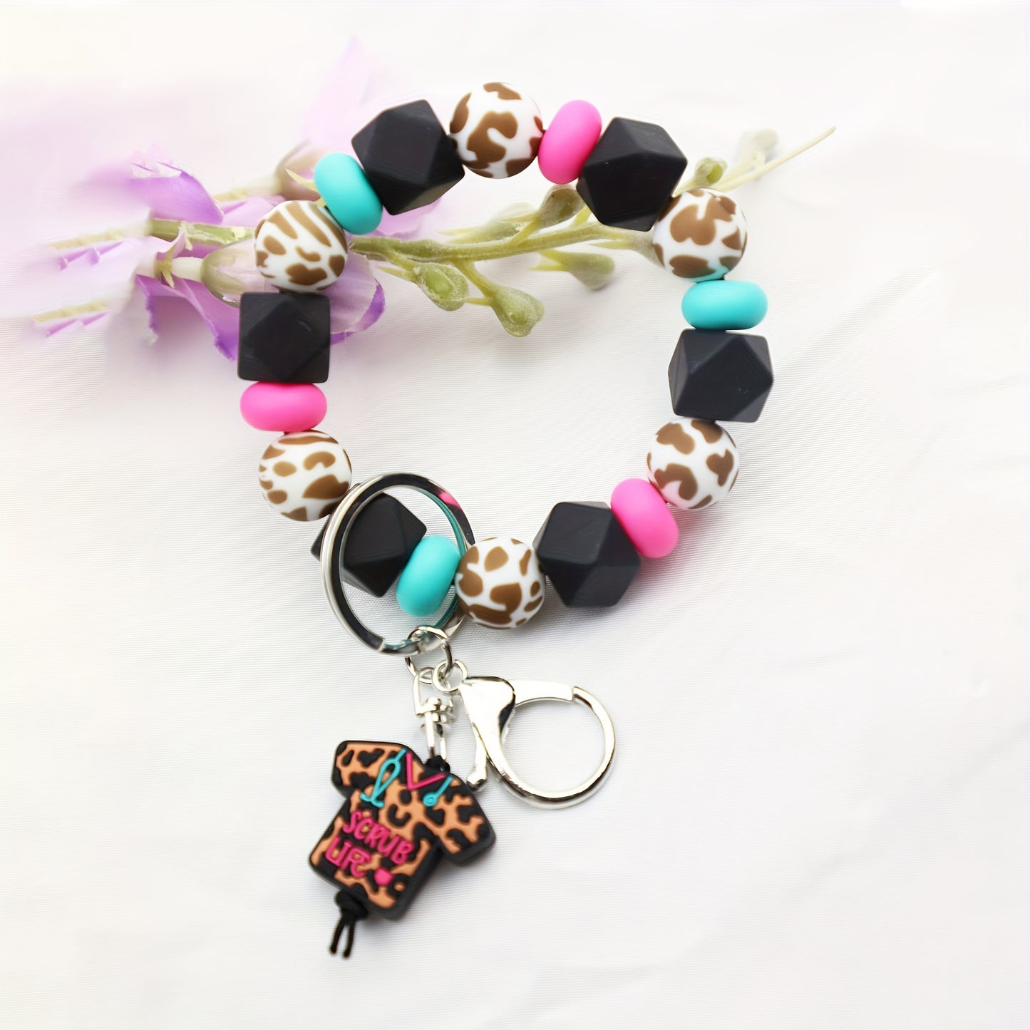 "Nurse Scrub Life" Silicone Bead Bracelet with Keyring and Nurse Uniform Charm - Perfect Gift for Nurse's Day