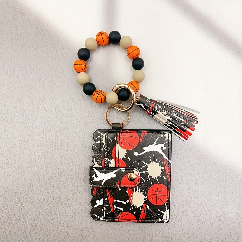 Sporty Chic Beaded Silicone Bracelet Keychain with Coin Purse - Faux Leather, Tassel Accent, Lobster Clasp - Perfect Gift for Women