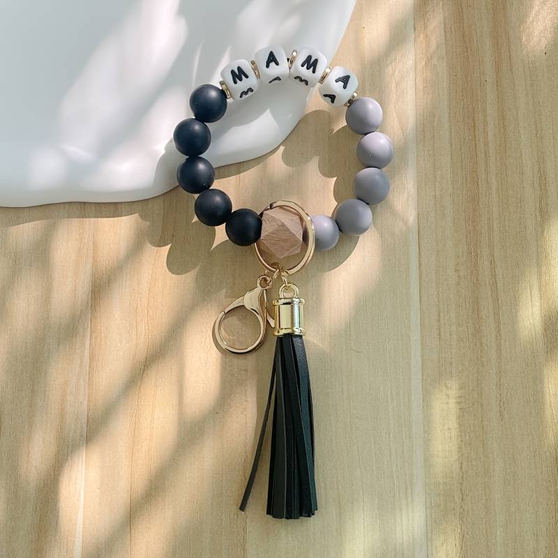 Silicone Beaded Bracelet Wristlet Keychain with Tassels -MAMA
