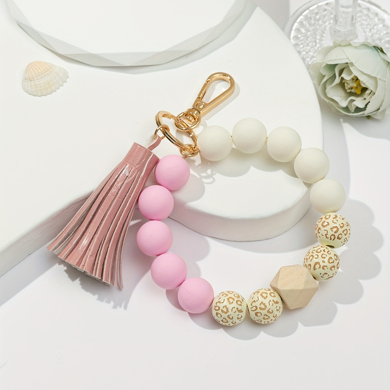Silicone Beaded Bangle Keychain Pendant With PU Tassel Beaded Bracelet Key Ring