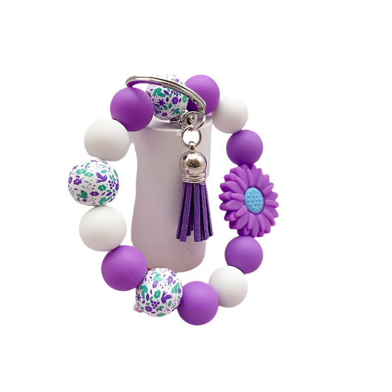 Hemasa Silicone Sunflower Daisy, Pastoral Printed Wooden Bead Silicone Bead Handmade Beaded Bracelet, PU Tassel Keychain, Bag Pendant Accessory, Keychain