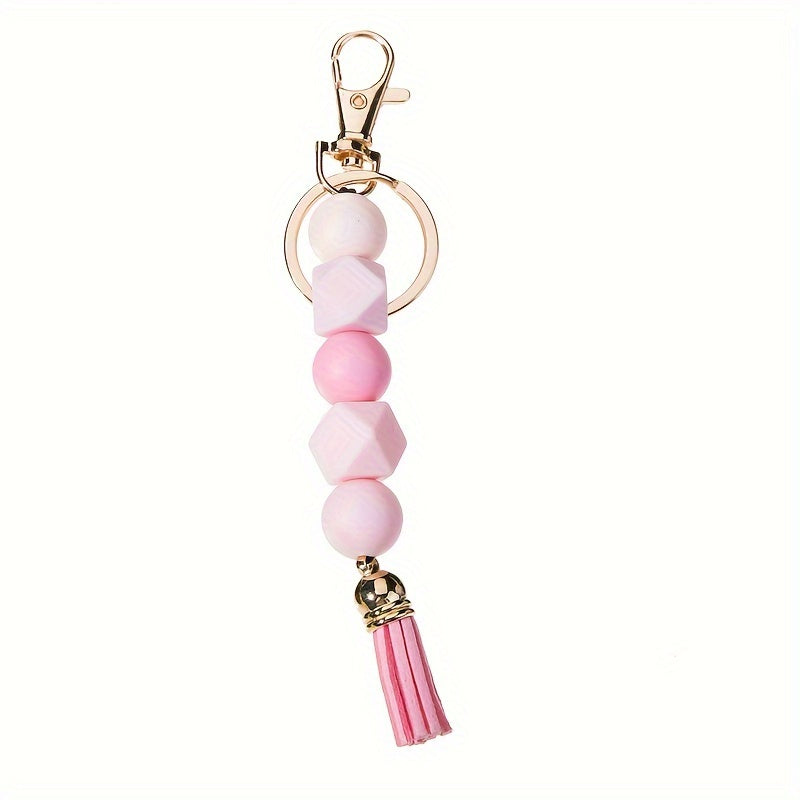 6pcs Valentine'S Day Gift Set: Silicone Beaded Keychain With Pu Tassel & Lobster Clasp - Fashionable Bag Charm For Women