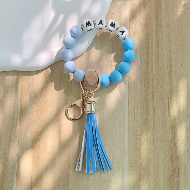 Silicone Beaded Bracelet Wristlet Keychain with Tassels -MAMA